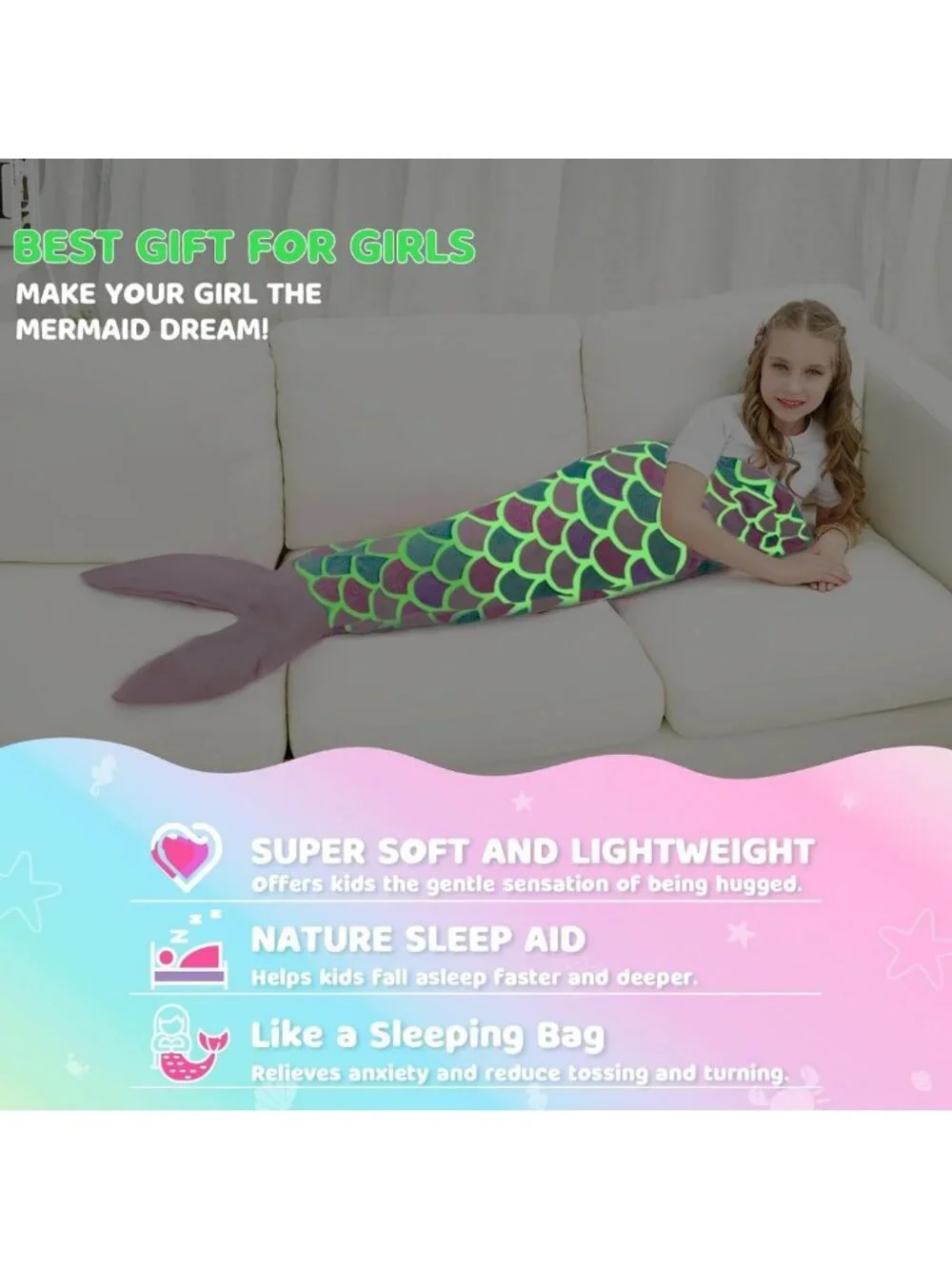 Glow in the Dark Mermaid Tail Blanket - Cozy Wearable Blanket for Kids & Adults